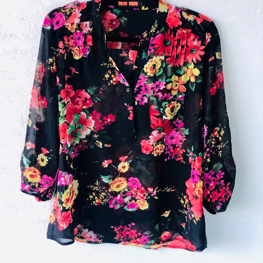 Black Floral Red Rose Sheer Blouse